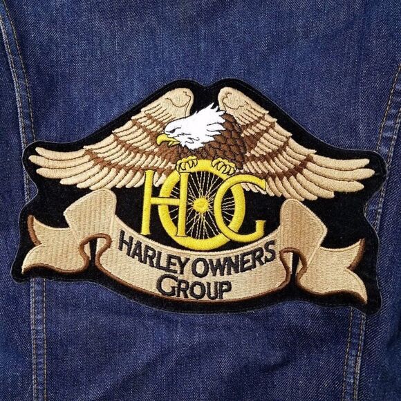 Harley Owners Group Levis Denim Trucker Jacket Vintage Hog Troy Blanket Small - Picture 5 of 8